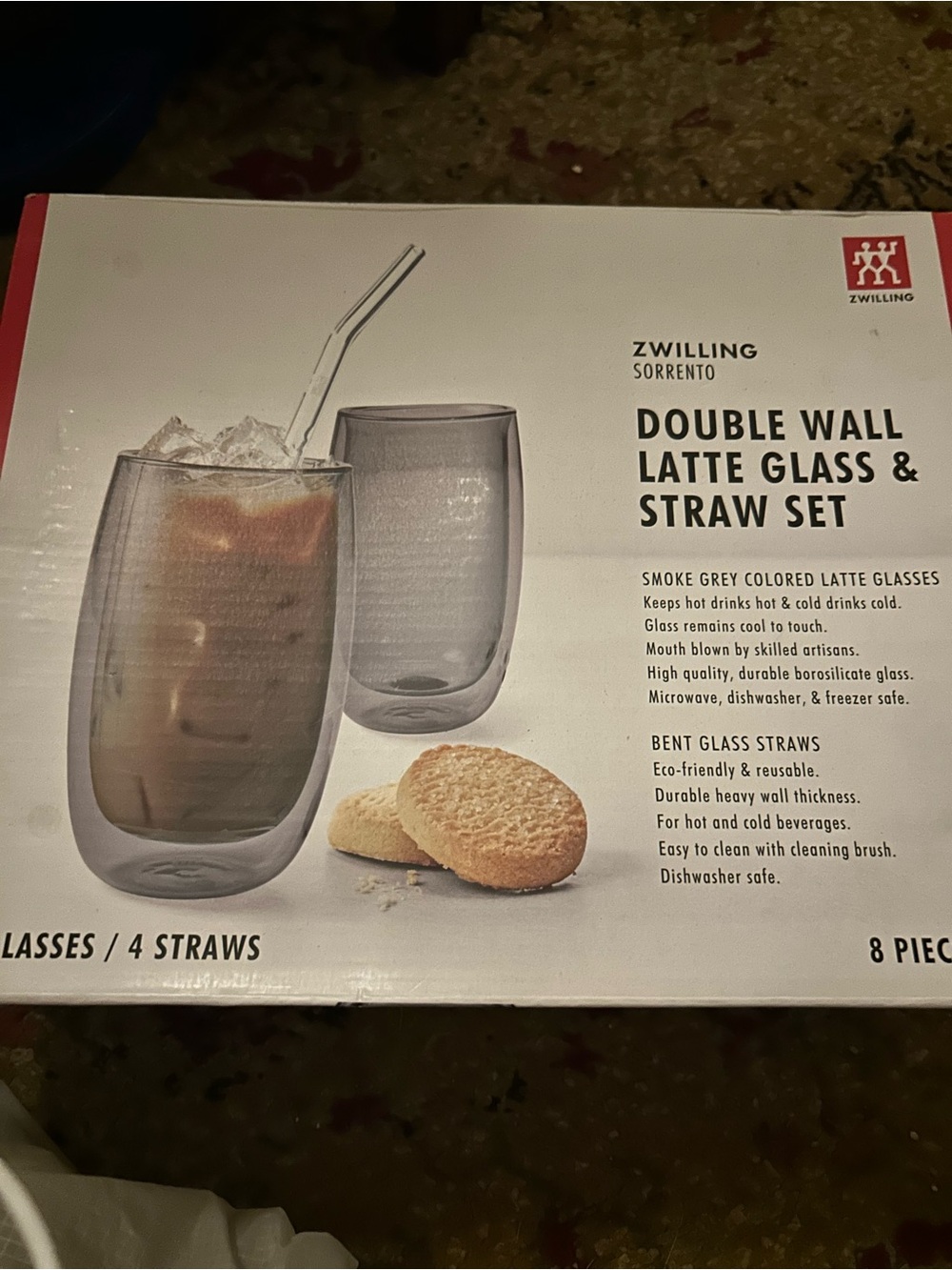 Double Wall Smoke Grey Latte Glass & Straw Set - Zwilling 4 Latte Glasses/Staws